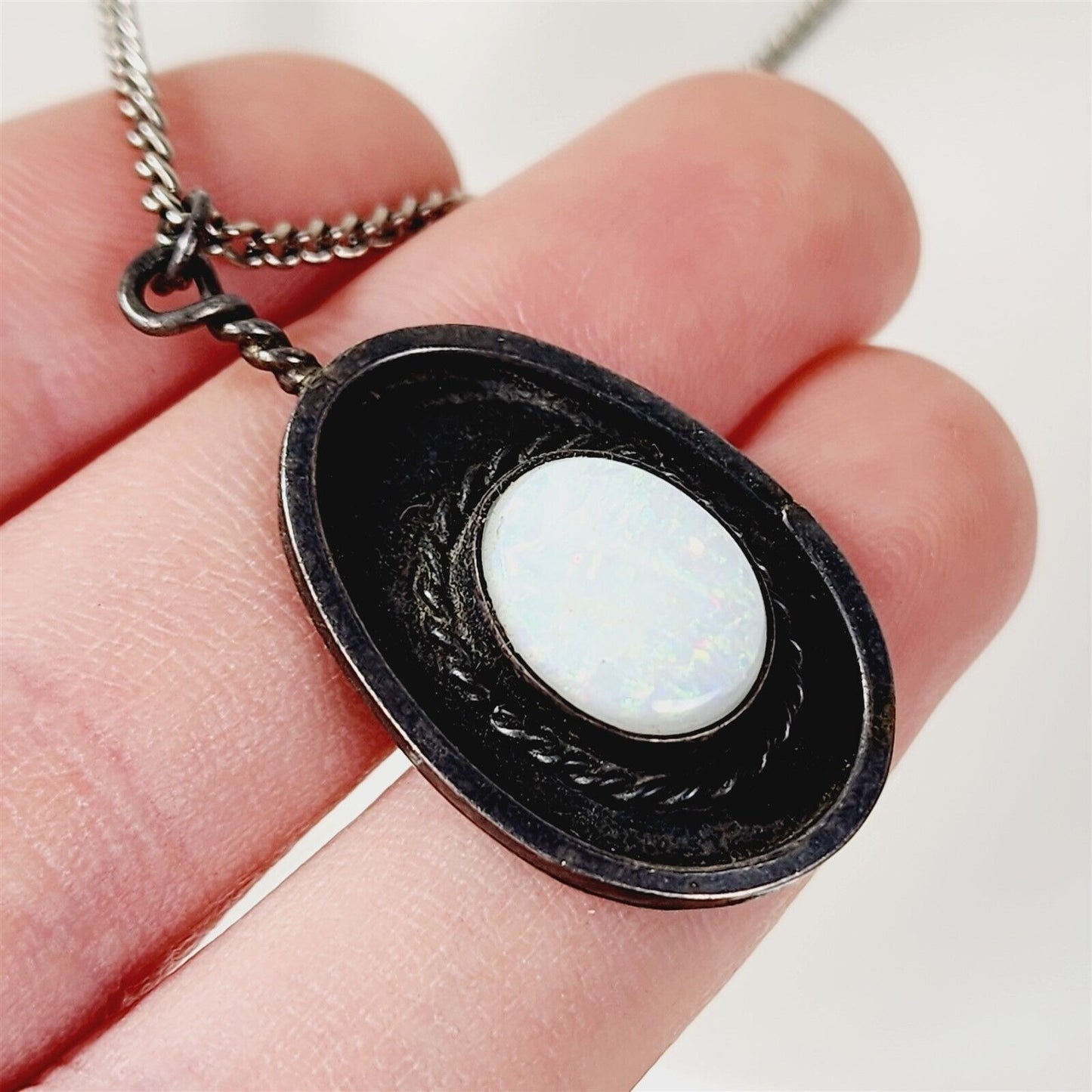 Vintage Opal Silver Tone Pendant Necklace - 22"