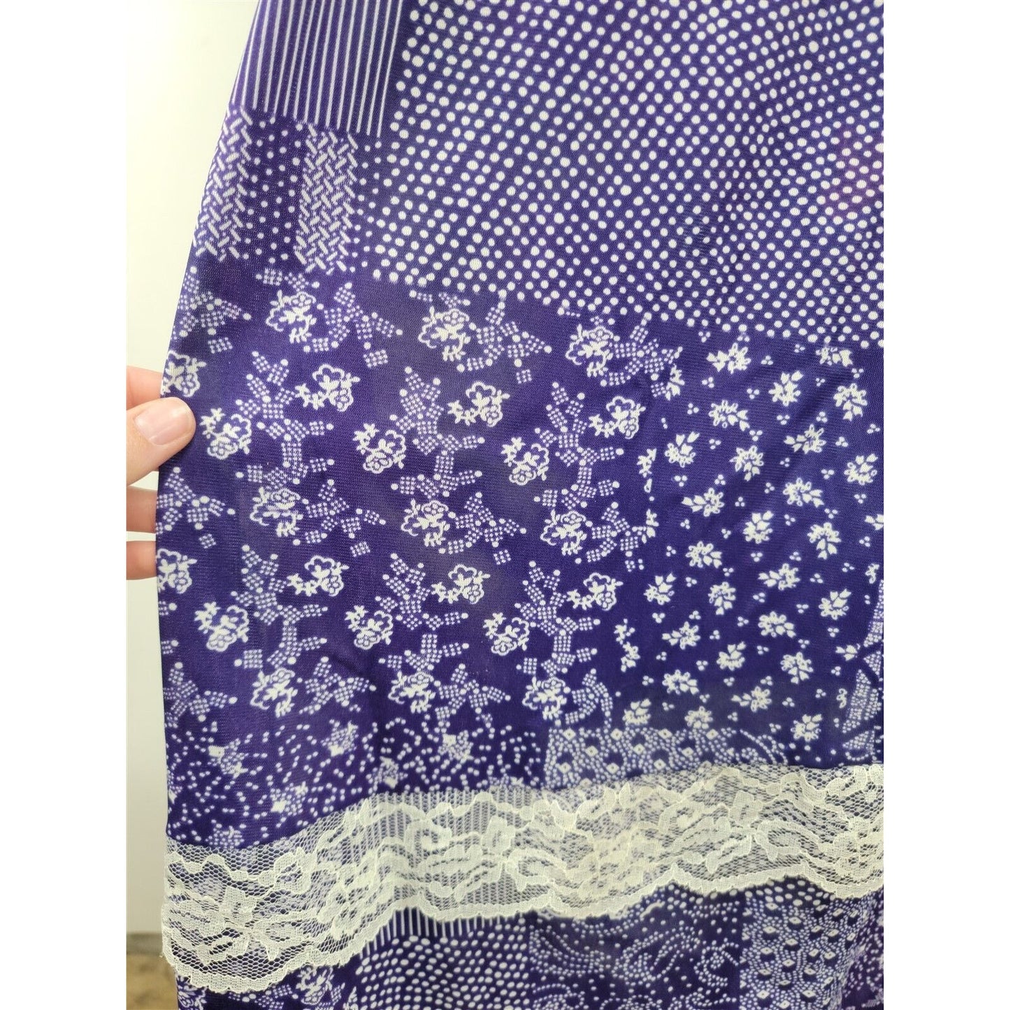 Vintage 1970s Purple Jersey Print Cottagecore Prairie Dress Womens Size 10