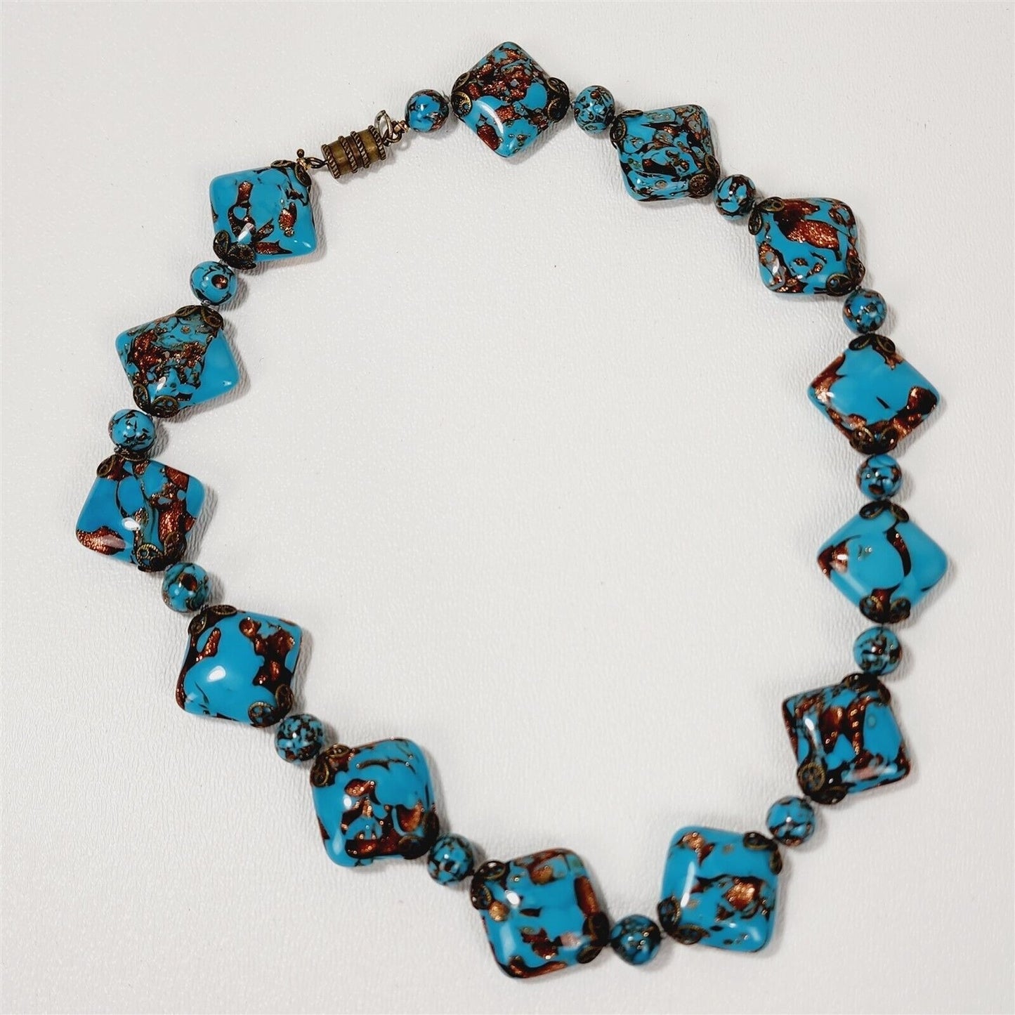 Vintage Venetian Murano Copper Swirl Blue Art Glass Beaded Necklace Bracelet Set