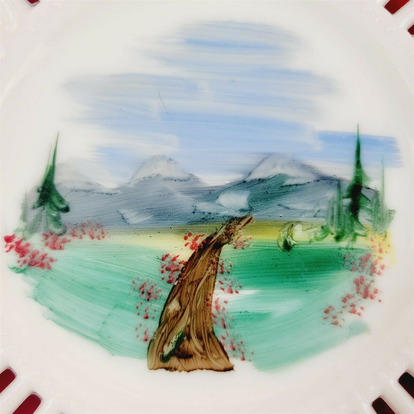 2 Vintage Milk Glass Plates Painted Landscape Scenery Mountains Barn Trees Fence