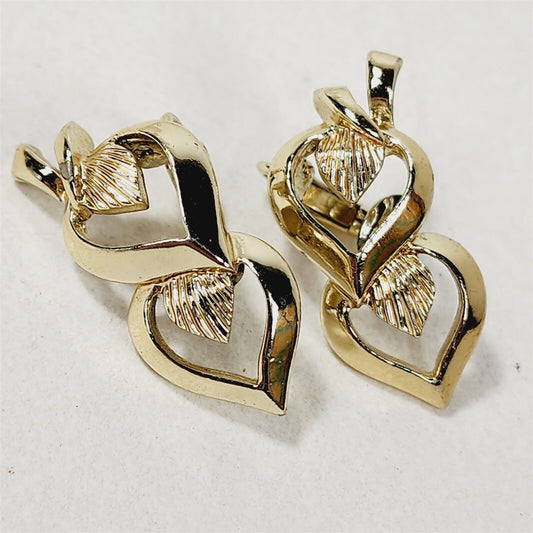 Vintage Coro Signed Gold Tone Heart Leaf Clip On Earrings