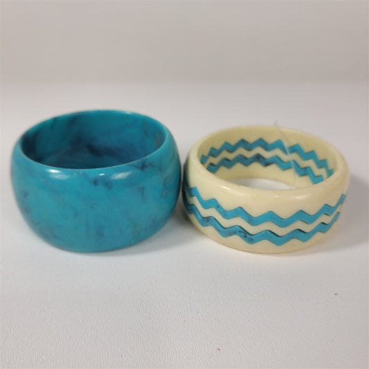 Vintage Blue Swirl & Cream Zig Zag Stacked Plastic Bangle Bracelets