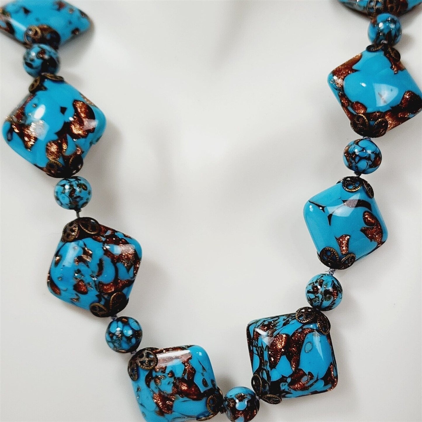 Vintage Venetian Murano Copper Swirl Blue Art Glass Beaded Necklace Bracelet Set