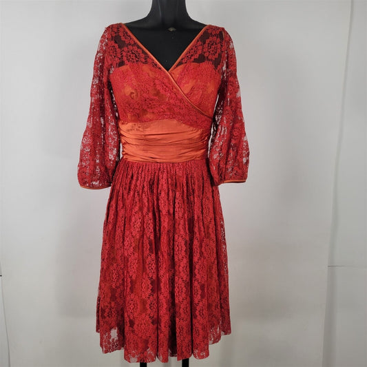 Vintage 1950s-60s Red & Orange Floral Lace Formal Dress