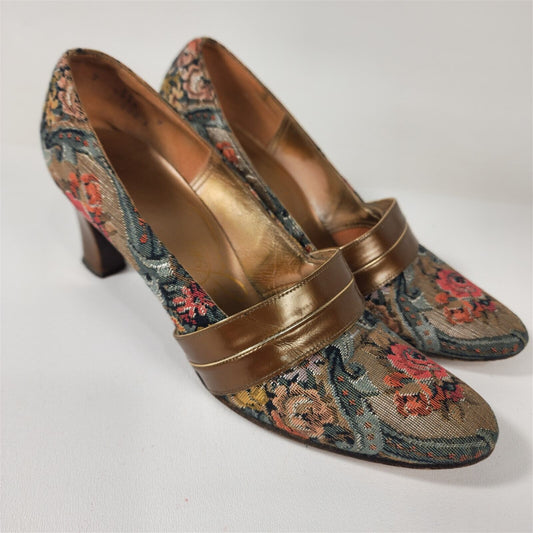 Vintage Johansen Floral Tapestry Block Heels Size 7 AA AAAA