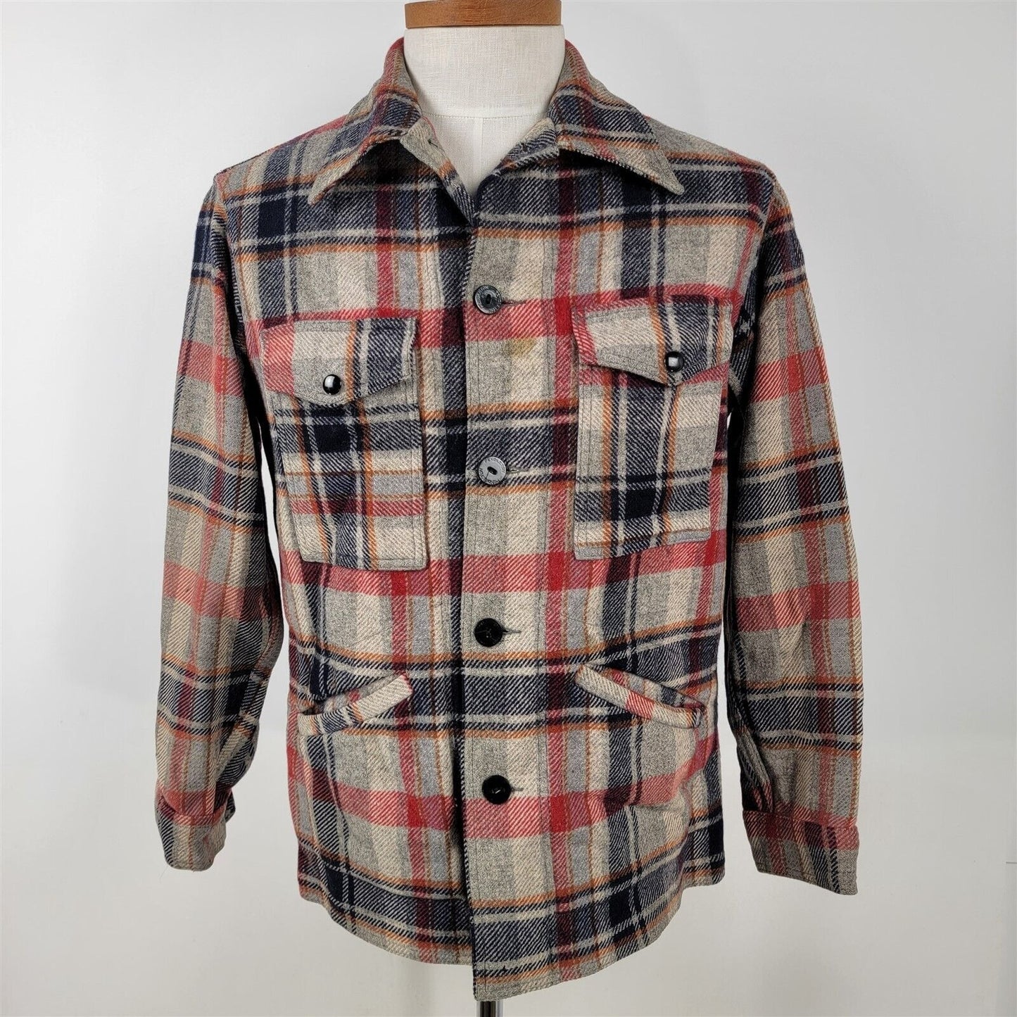 Vintage Pendleton Red Blue Plaid Button Front Wool Jacket Mens Size M