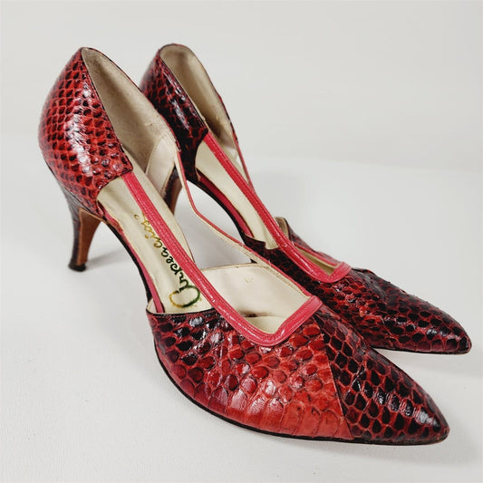 Vintage Arpeggios Red Snakeskin Leather Pumps Heels Womens Size 6