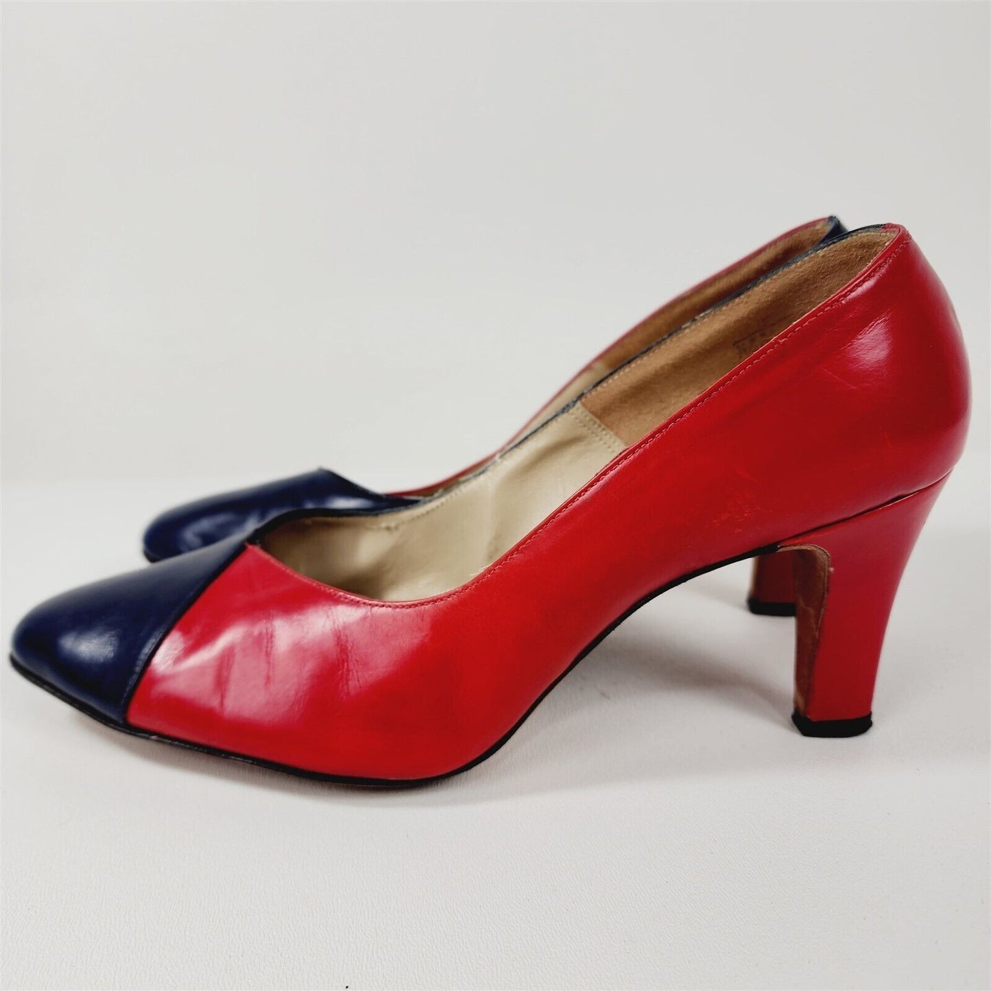 Vintage Geppetto Red & Blue Leather Heels Shoes Size 7.5 M