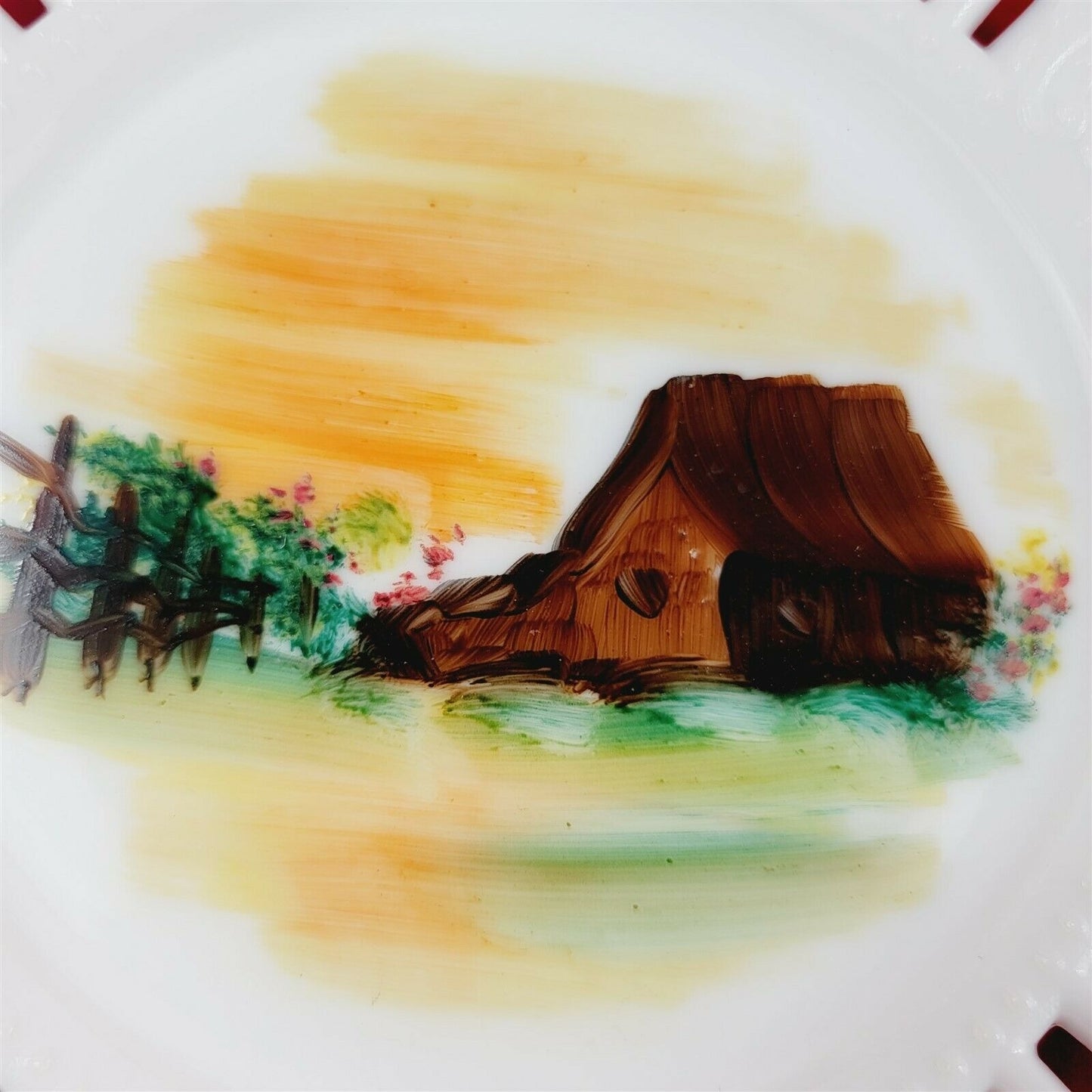 2 Vintage Milk Glass Plates Painted Landscape Scenery Mountains Barn Trees Fence