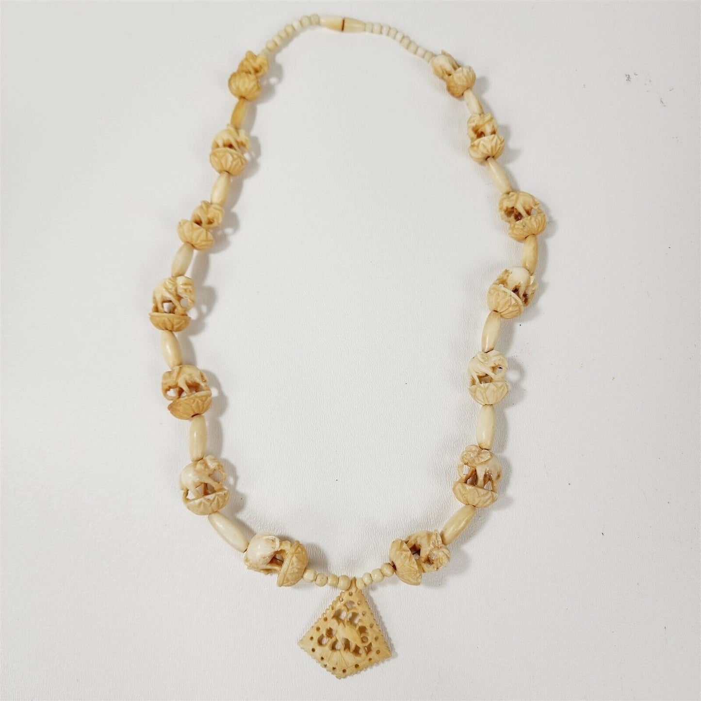 Vintage Asian Elephant Carved Cow Bone Beaded Pendant Necklace