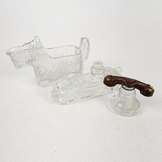 3 Vintage Clear Glass Candy Containers Dishes Fire Truck, Telephone, Scottie Dog