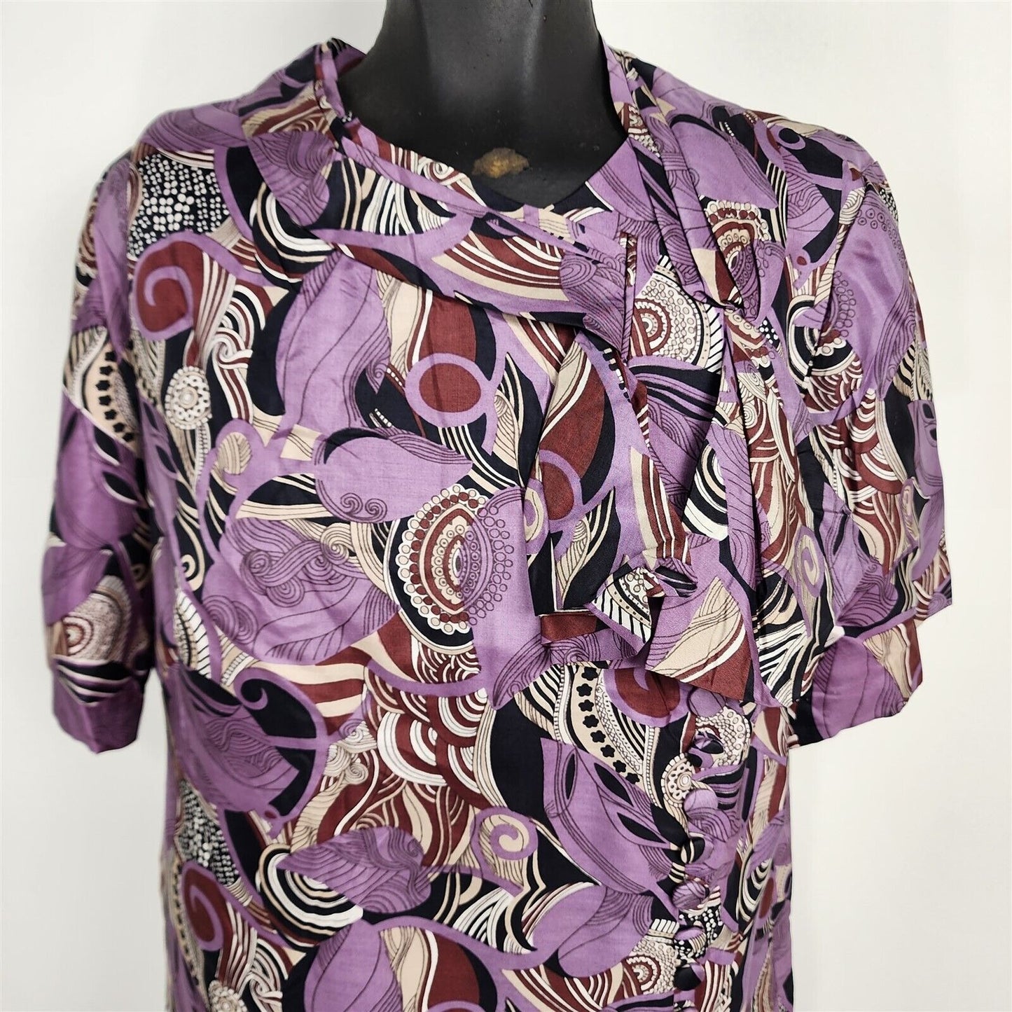 Vintage 1970s Harwyn Purple Funky Print Silk Short Sleeve Dress Size 12/14