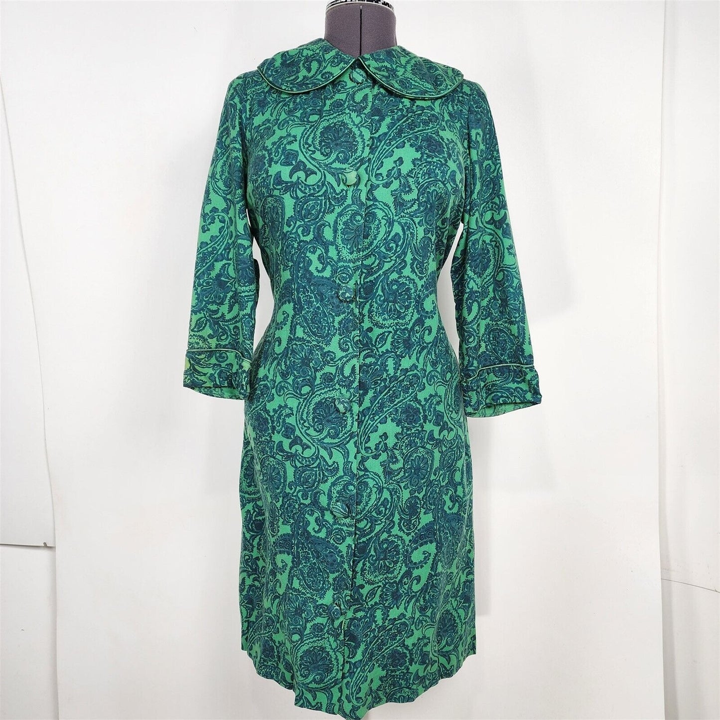 Vintage 1950s Dorian Viyella Wool Blend Green & Blue Paisley Floral Dress Robe