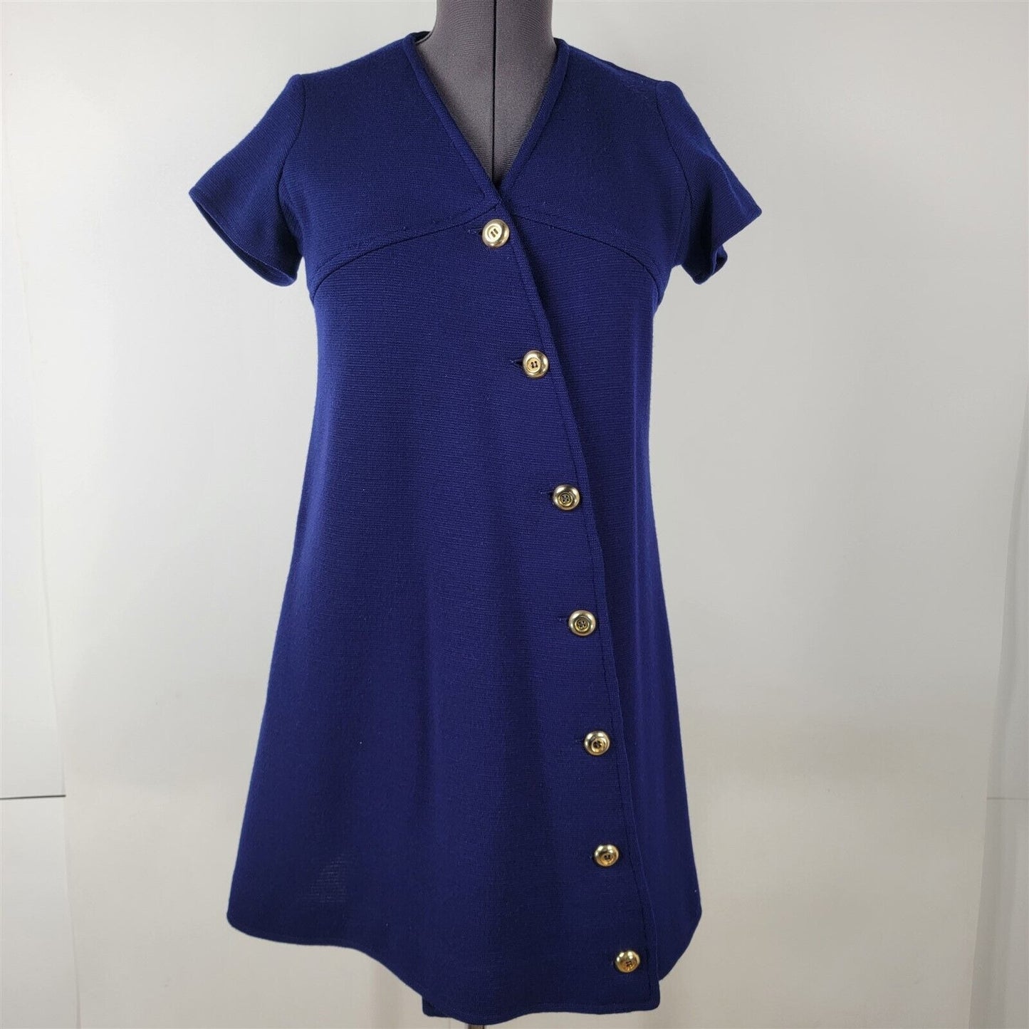 Vintage 1970s Frederick & Nelson Blue Wool Knit Short Sleeve Button Front Dress