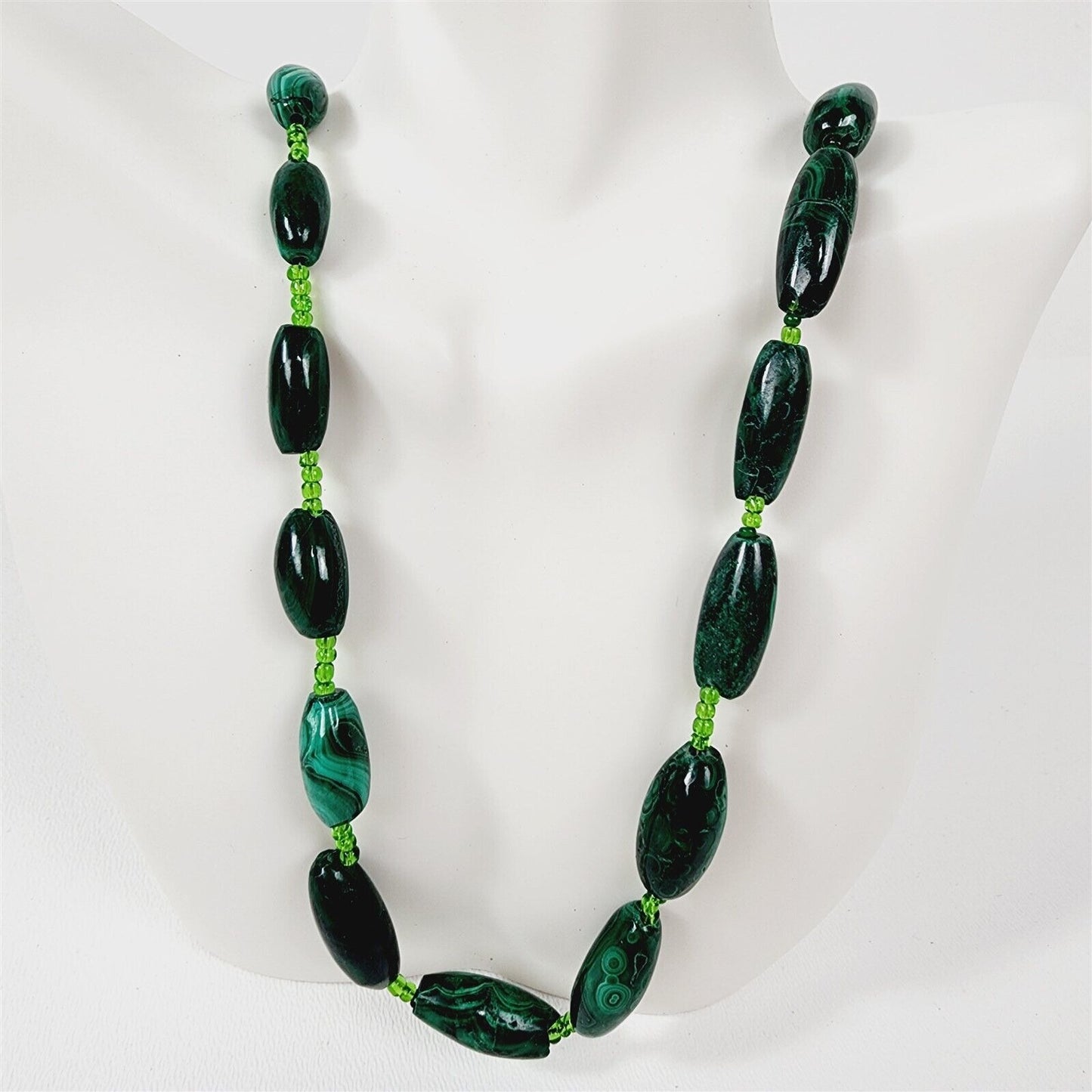 Vintage Green Malachite Graduated Oblong Beaded Necklace - 22"