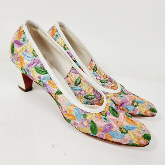 Vintage Serenades by Florsheim Floral Embroidered Colorful Heels Size 7 AA AAAA