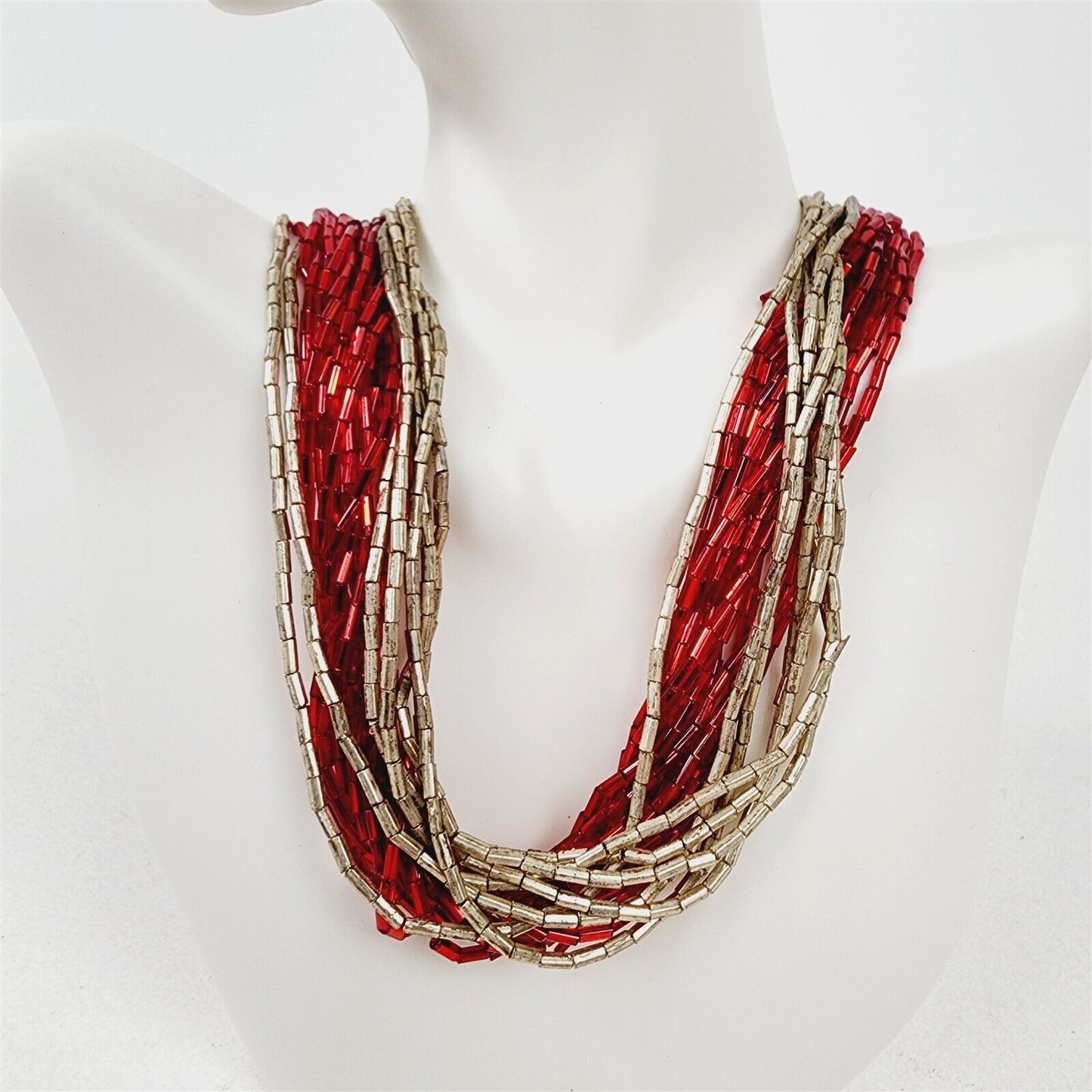 Vintage Red Tube Bead Liquid Silver Layered Necklace with Sterling Cone Clasp