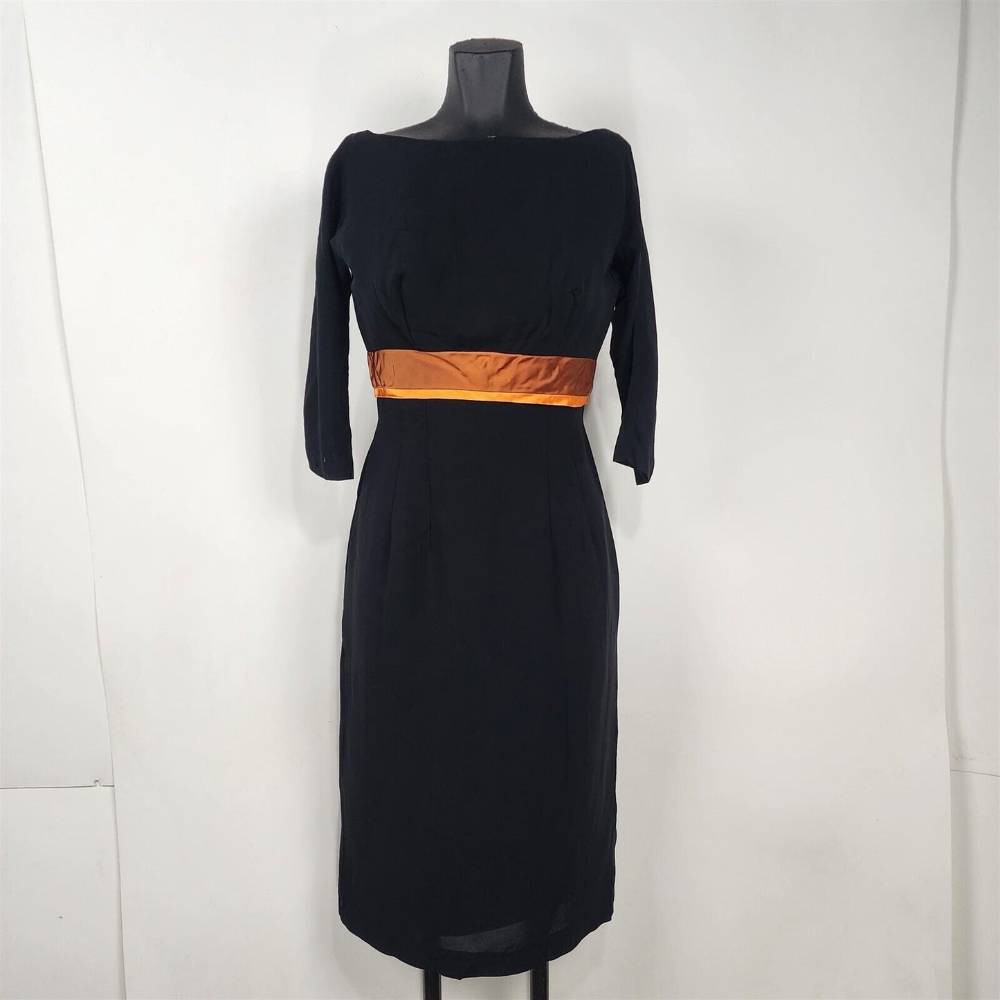 Vintage 1960s Black Crepe 3/4 Sleeve Dress with Orange Accent