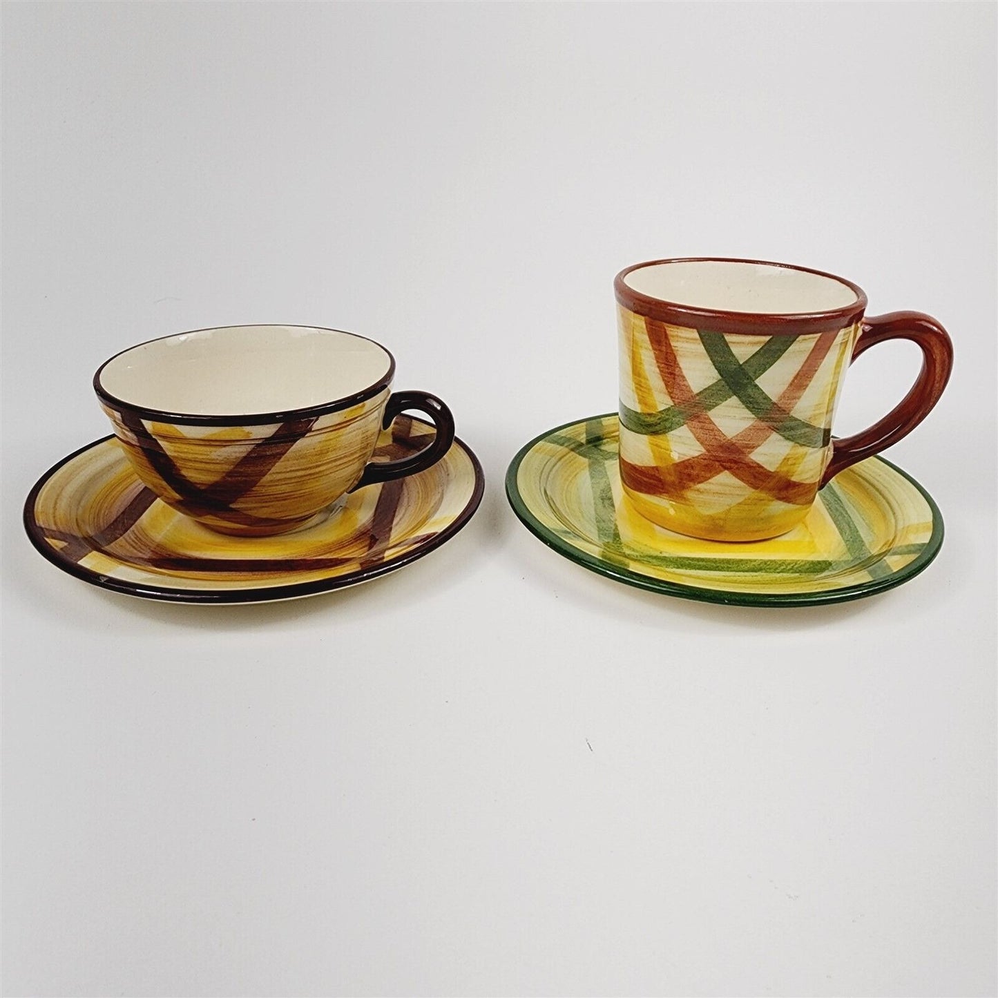 4 Piece Vernonware Gingham Organdie Yellow Brown Green 2 Cups 2 Plates