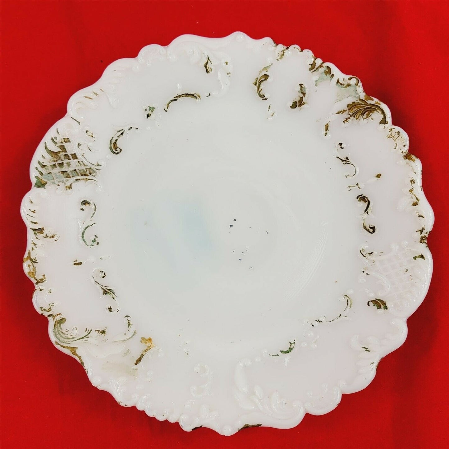 4 Vintage Milk Glass Plates Floral Painted Pierced Lace Scroll