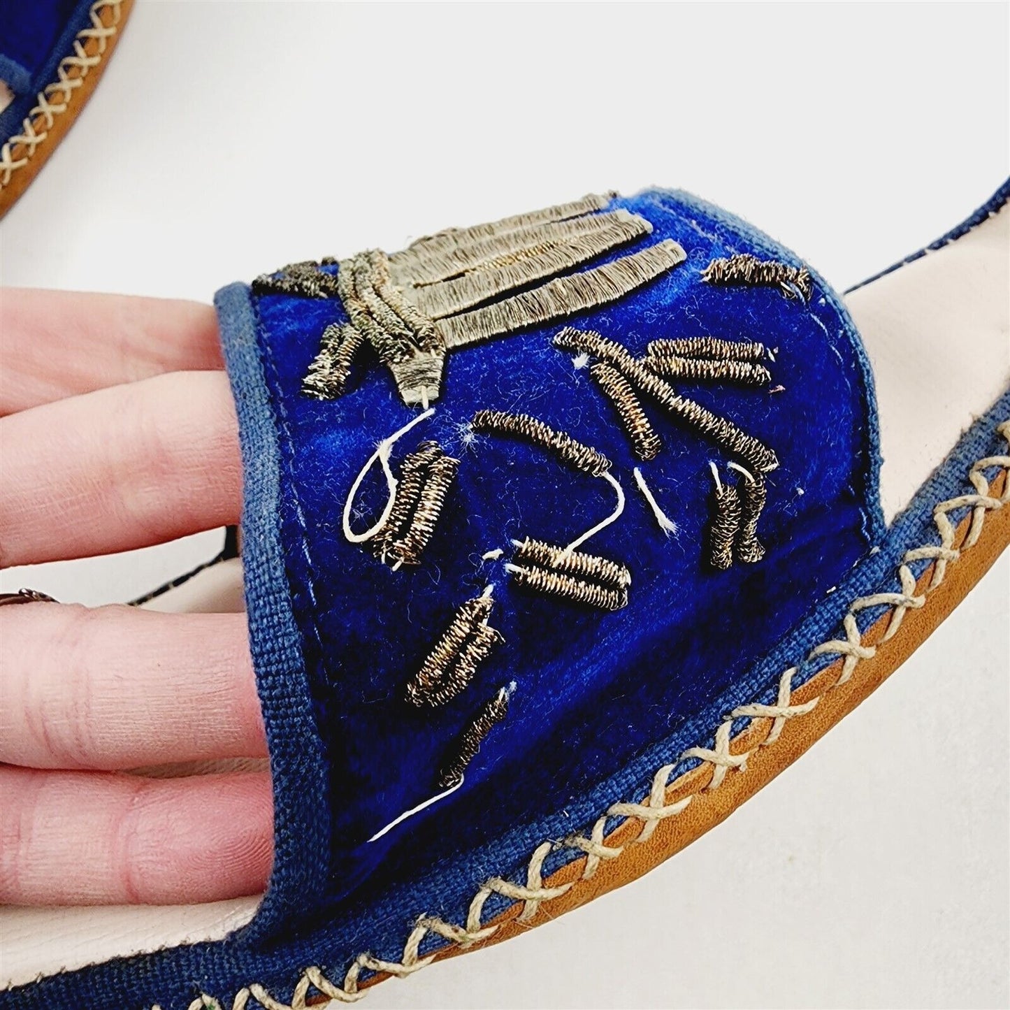 Vintage Turkish Ottoman Leather Silk Slippers Blue Velor Embroidered