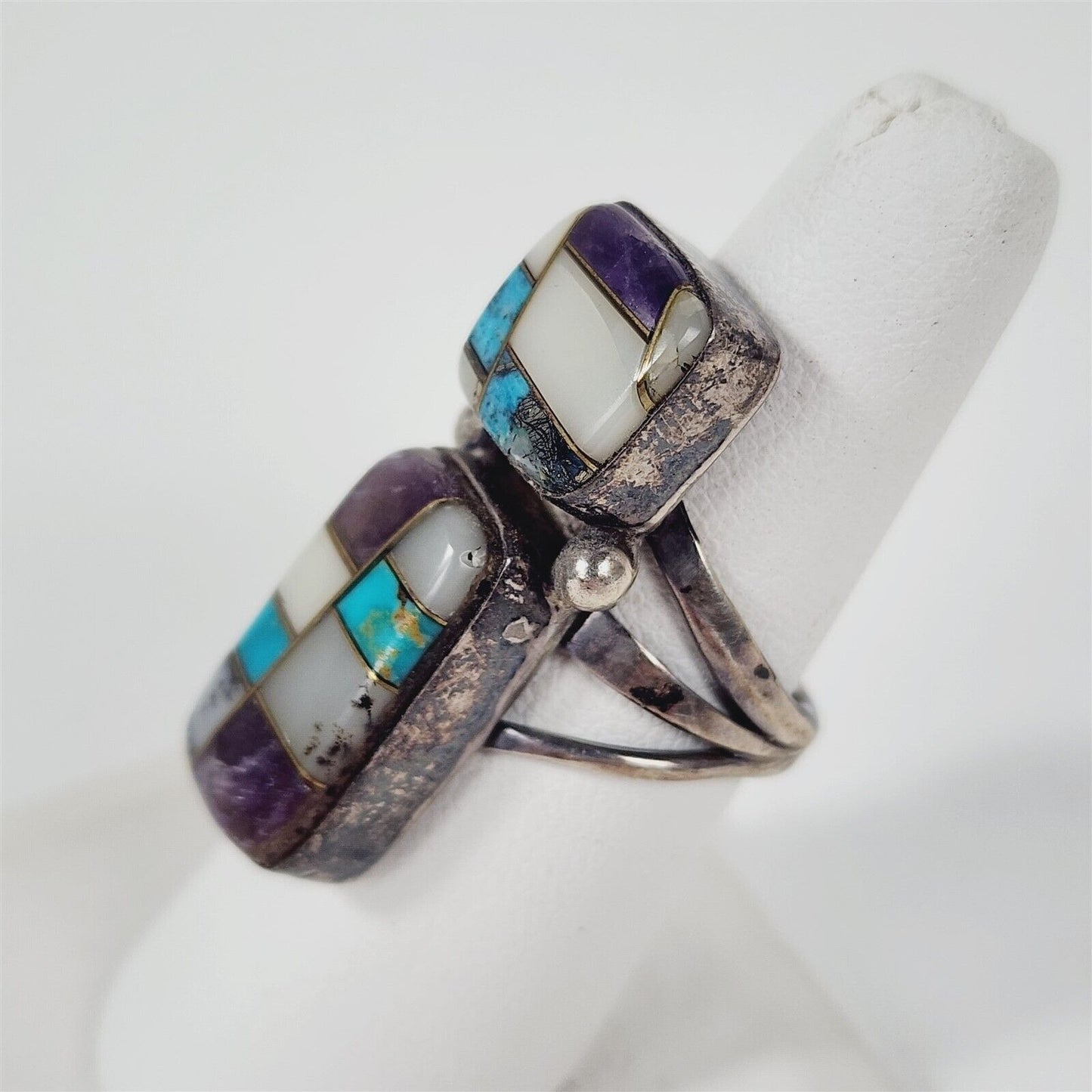 Vintage 925 Sterling Silver Turquoise MOP Charoite Inlay Navajo Ring 8.25