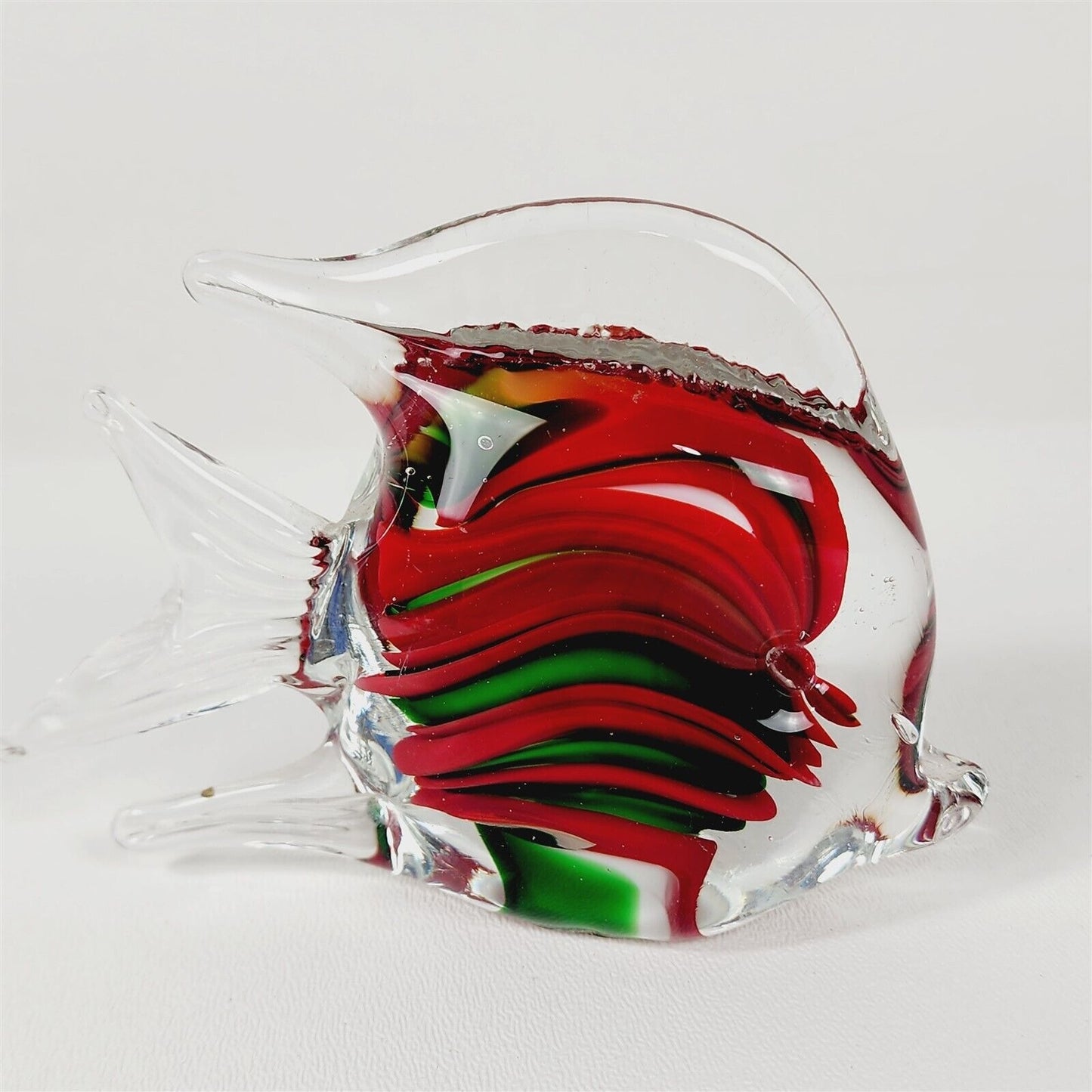 Vintage Glass Fish Shaped Paperweight Red Green White - 4.5" x 3.5"