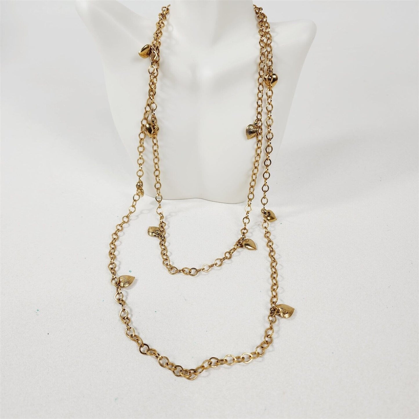 Vintage Gold Tone Chain Heart Charms Long Flapper Necklace