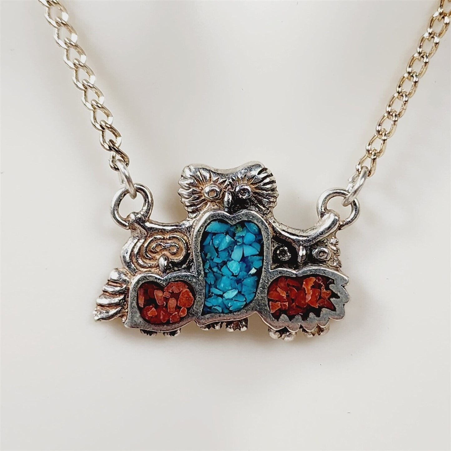 Vintage Owl Trio Crushed Turquoise Coral Sterling Silver Necklace 16"