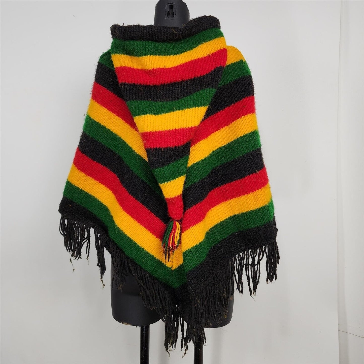 Vintage Red Yellow Green Black Striped Hooded Poncho Fringe Wool Made in Ecuador