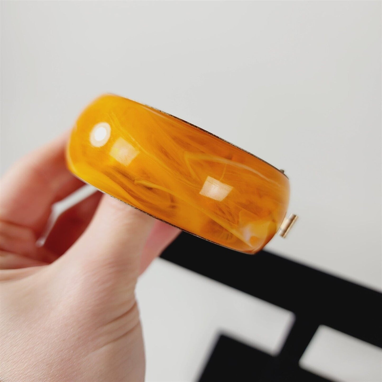 3 Vintage Metal Hinged Bangle Bracelets Enamel Orange Lucite Carved Floral