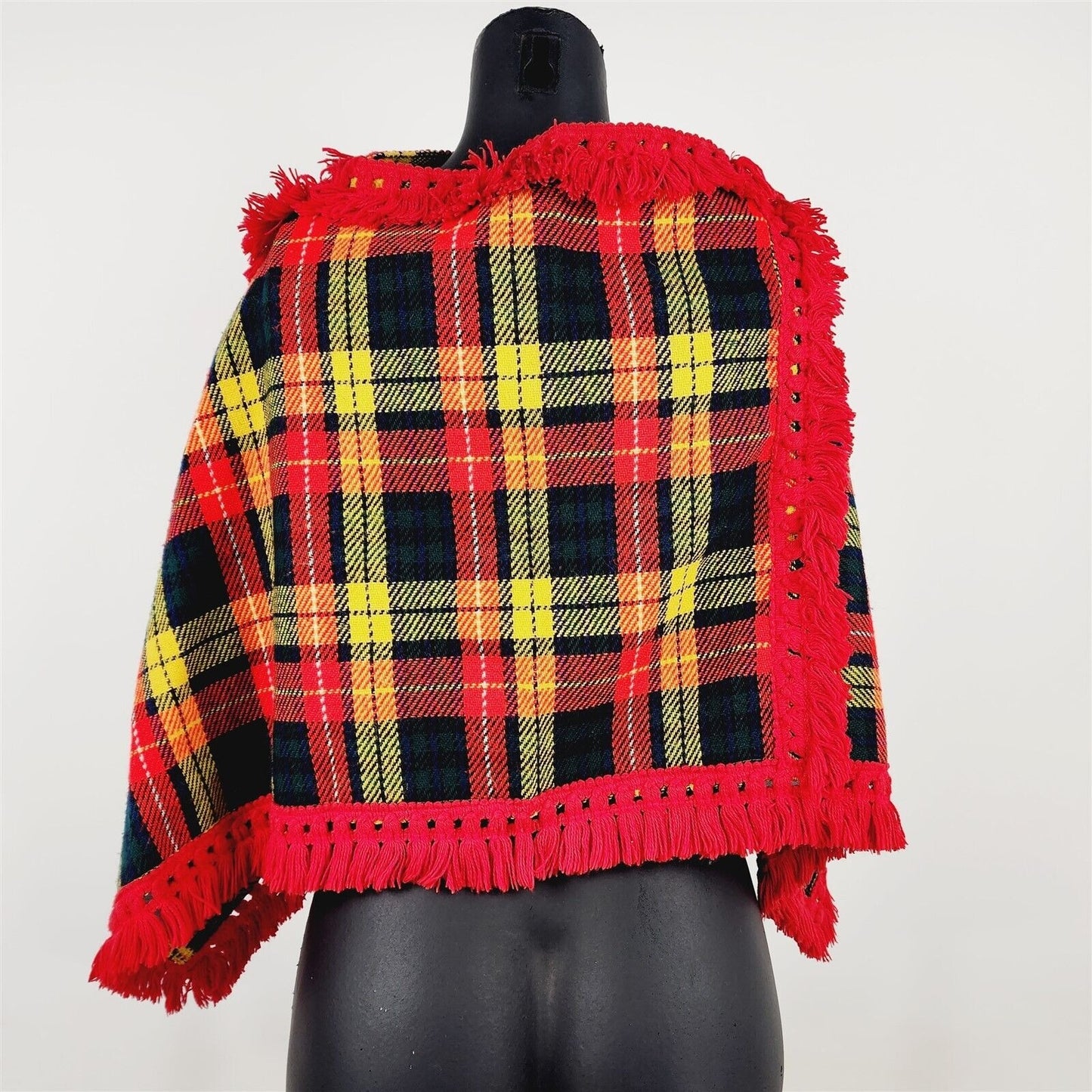 Vintage Handmade Red Yellow Plaid Poncho Cape Womens XS/S