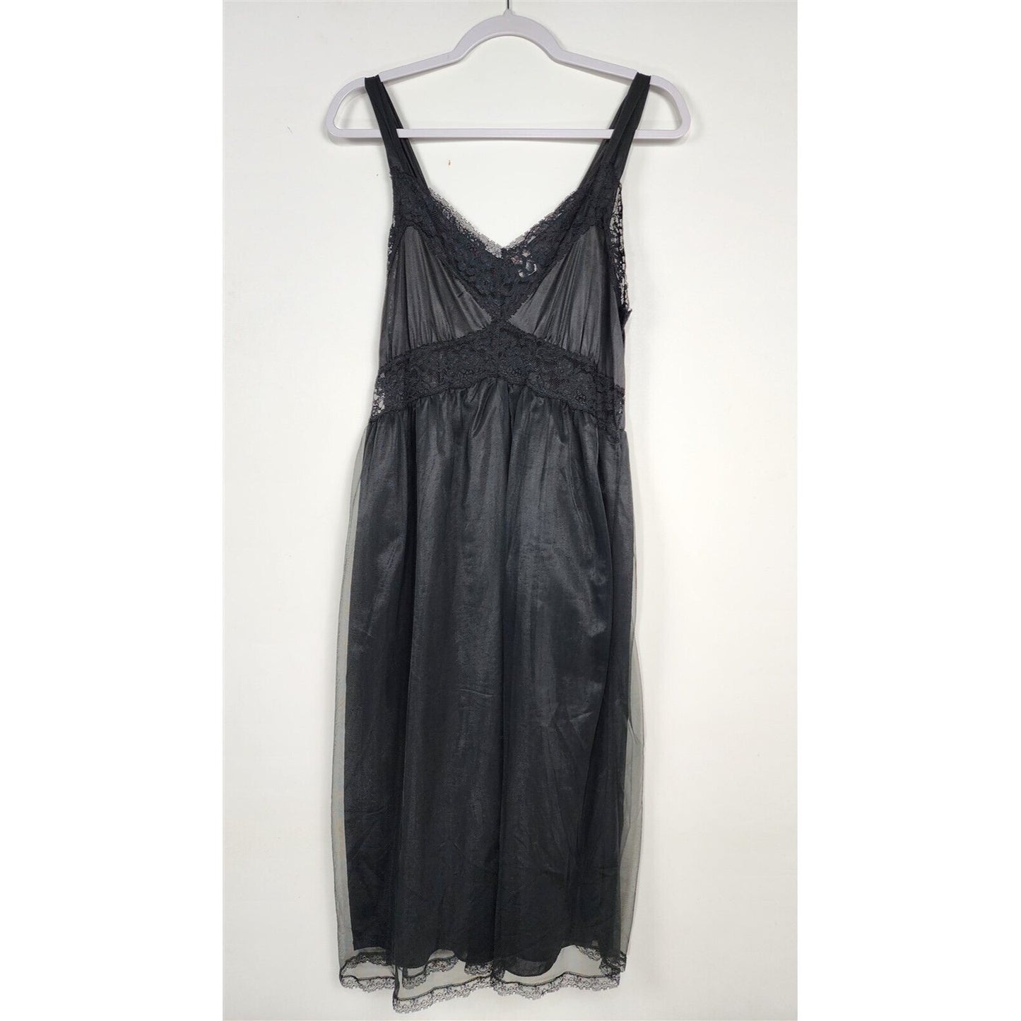 Vintage Black Lace Lingerie Two Piece Set Gown Slip Dress & Cover Peignoir Sz 36