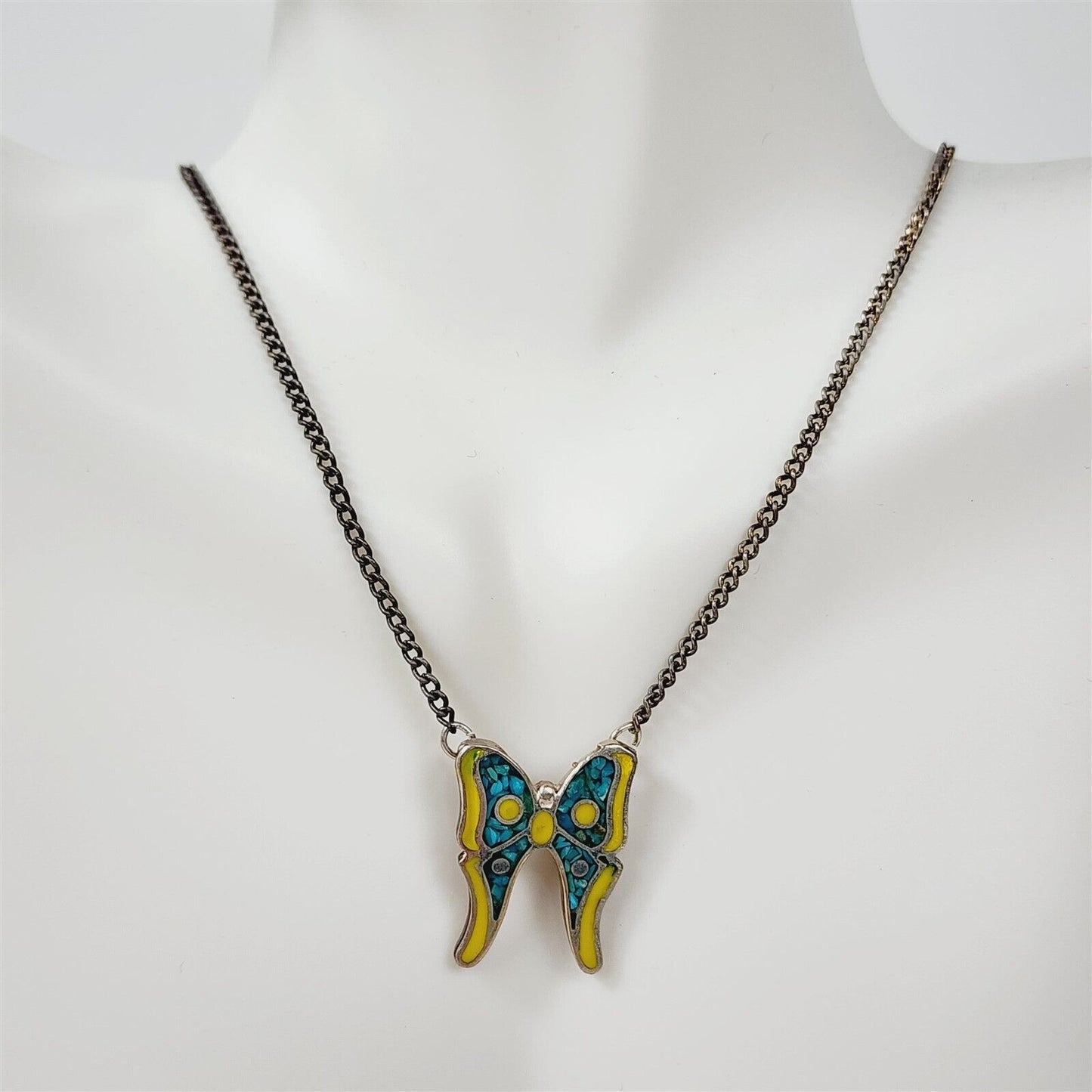 Vintage Butterfly Crushed Turquoise Yellow Enamel Sterling Silver Necklace 16”