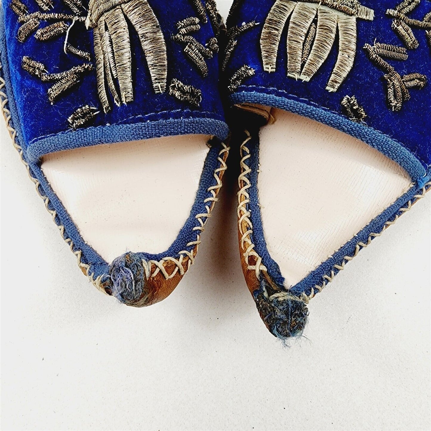 Vintage Turkish Ottoman Leather Silk Slippers Blue Velor Embroidered