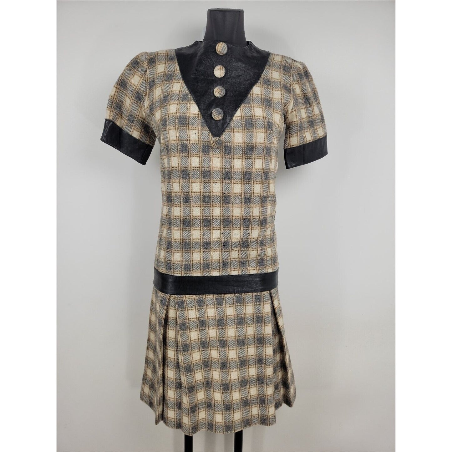 Vintage 1960s Pendleton 2 Piece Plaid Wool Gray & Cream Dress Womens Size S