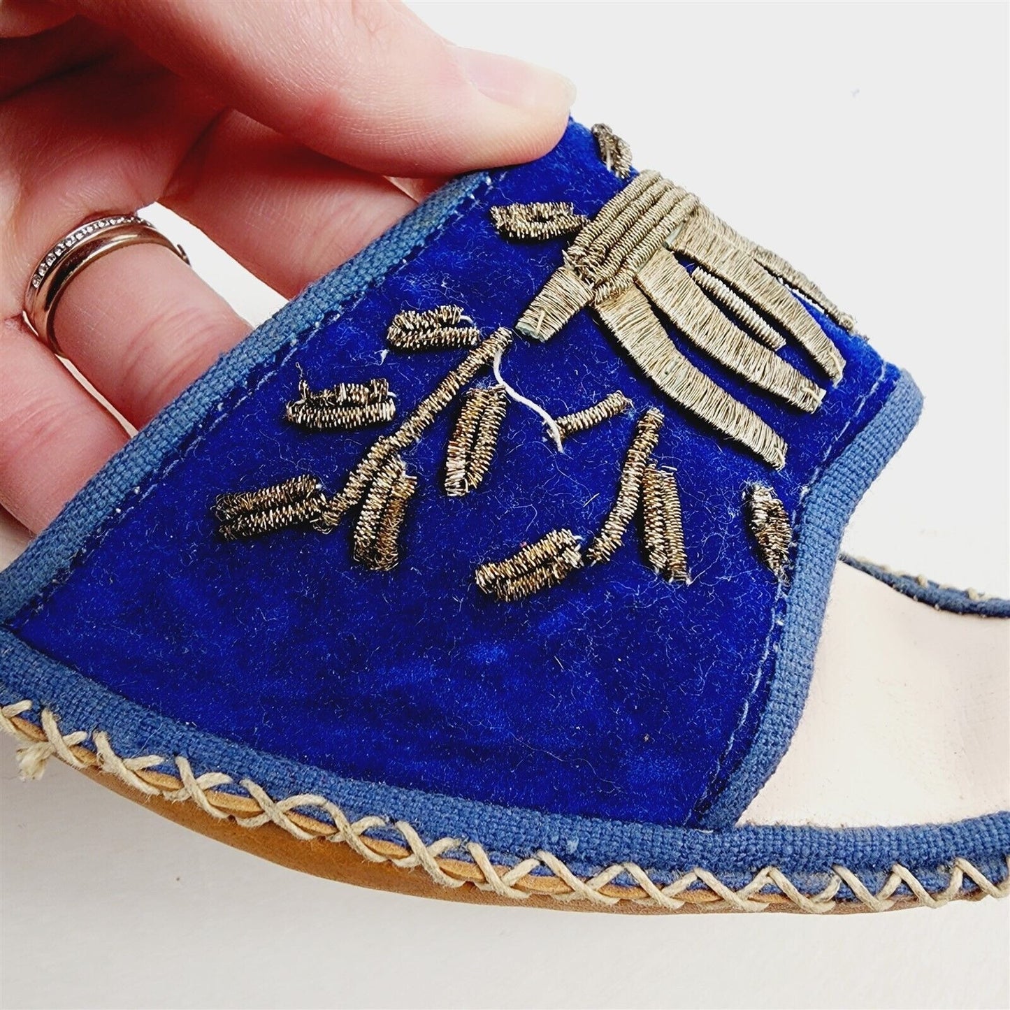 Vintage Turkish Ottoman Leather Silk Slippers Blue Velor Embroidered