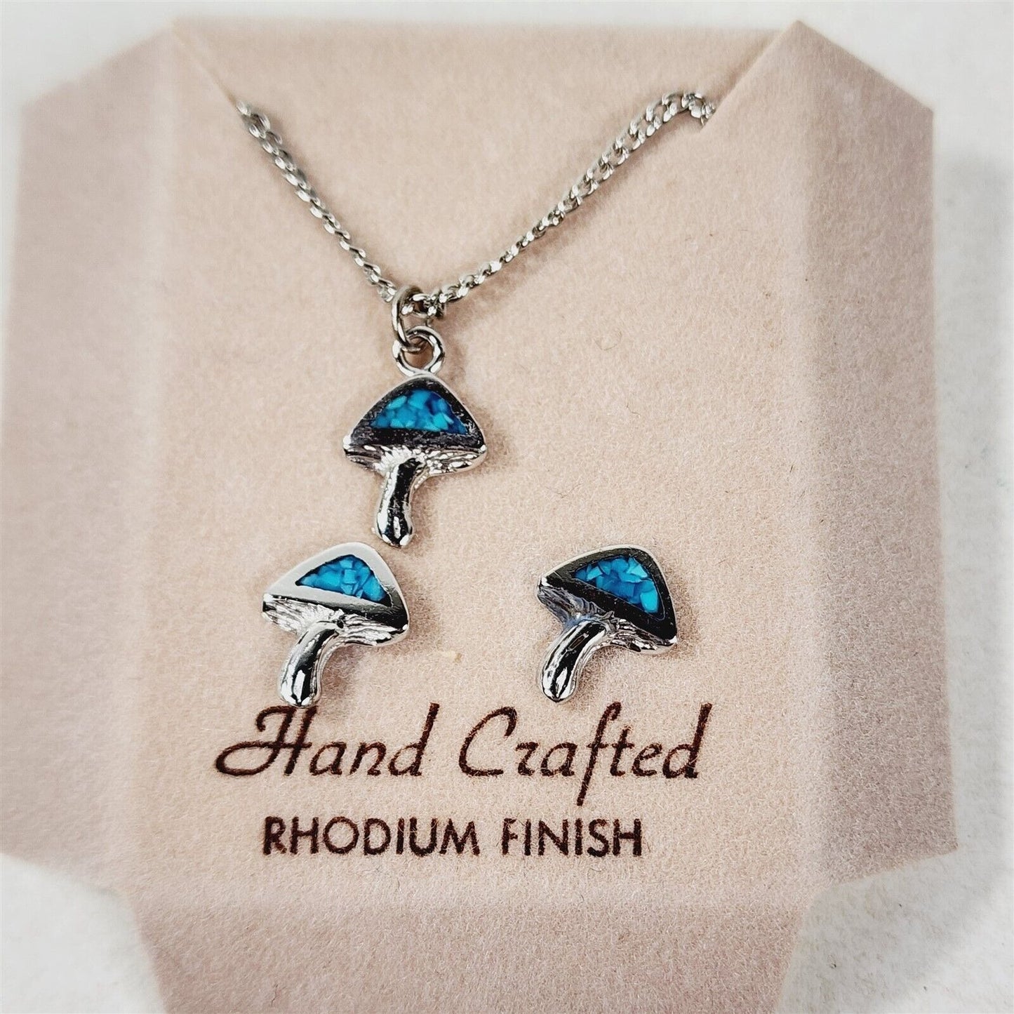 Vintage Rhodium Plated Crushed Turquoise Inlay Mushroom Necklace & Stud Earrings