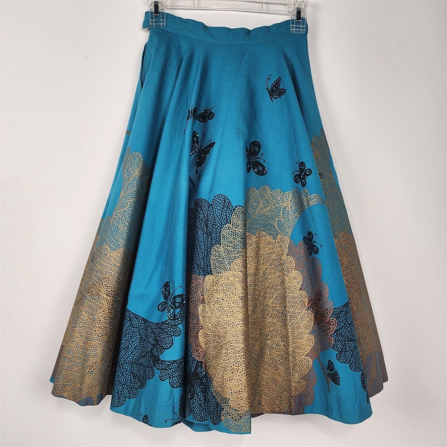 Vintage 1950s Jay Original Blue Sparkle Butterfly Gold Leaf Full Circle Skirt