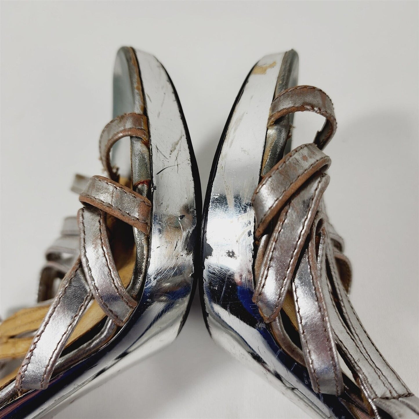 Vintage Chrome Silver Metallic Italy Strappy Heels Pumps Size 7.5