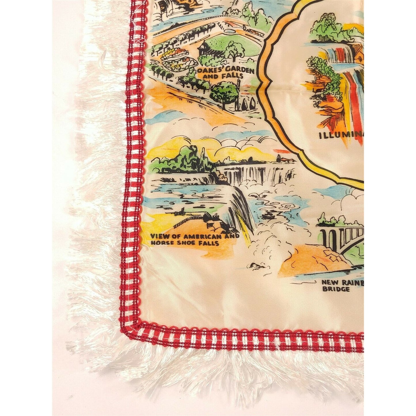 Vintage Niagra Falls Canada Satin Souvenir Pillow Cover Fringe