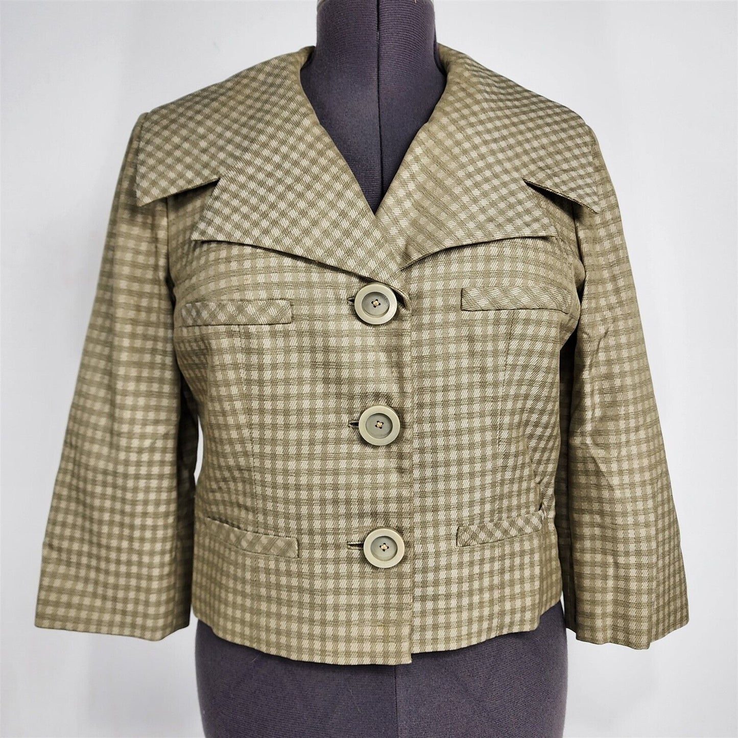 Vintage 1960s Marquise Crest Room 2 Piece Green Beige Skirt Suit Jacket