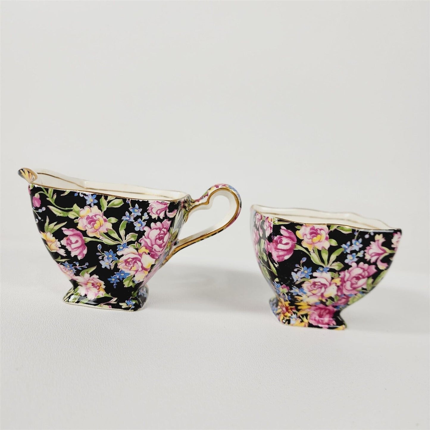 Vintage Royal Winton Grimwades Creamer & Sugar Bowl Set Black Floral - 2 1/2"