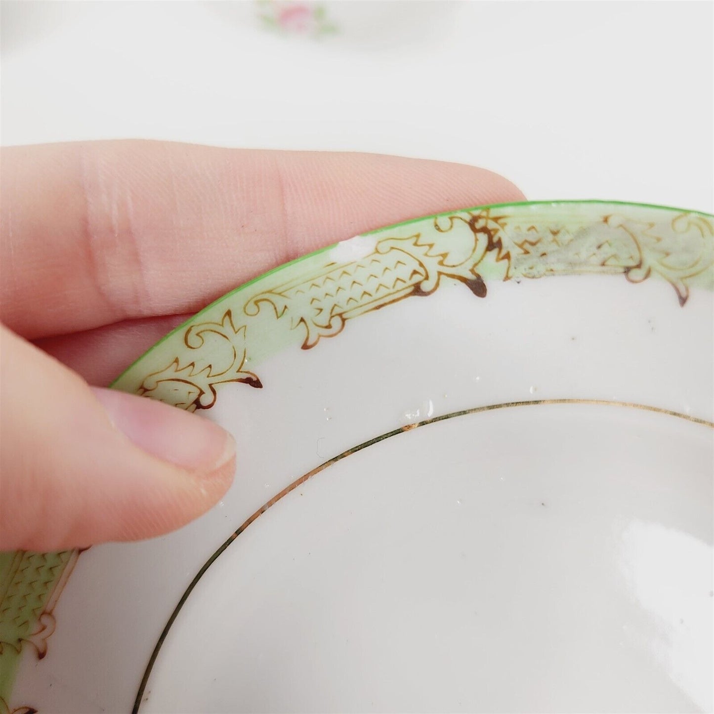 Vintage 20 Piece Porcelain Childs Tea Set Dishes Japan Green Floral Plates Cups