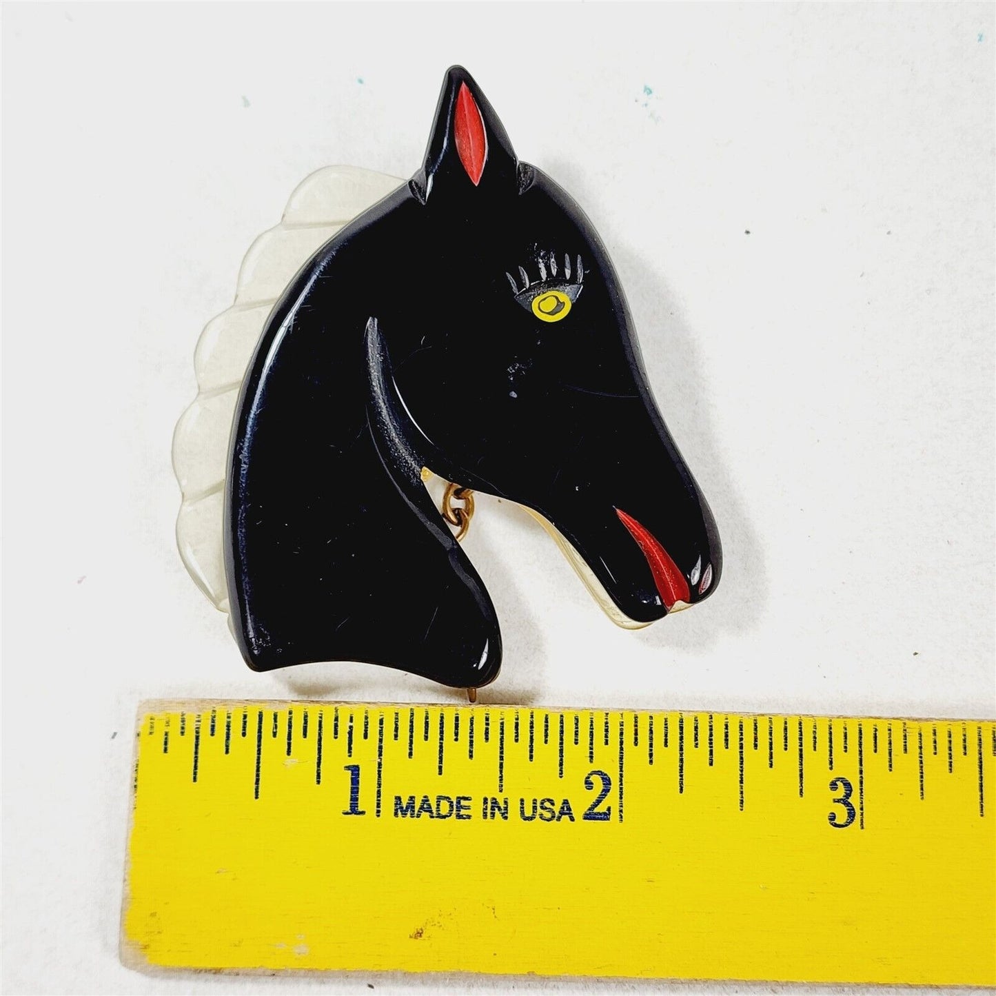 Vintage Black Horse Head Bakelite Clear Lucite Mane Snap Button Chain Brooch