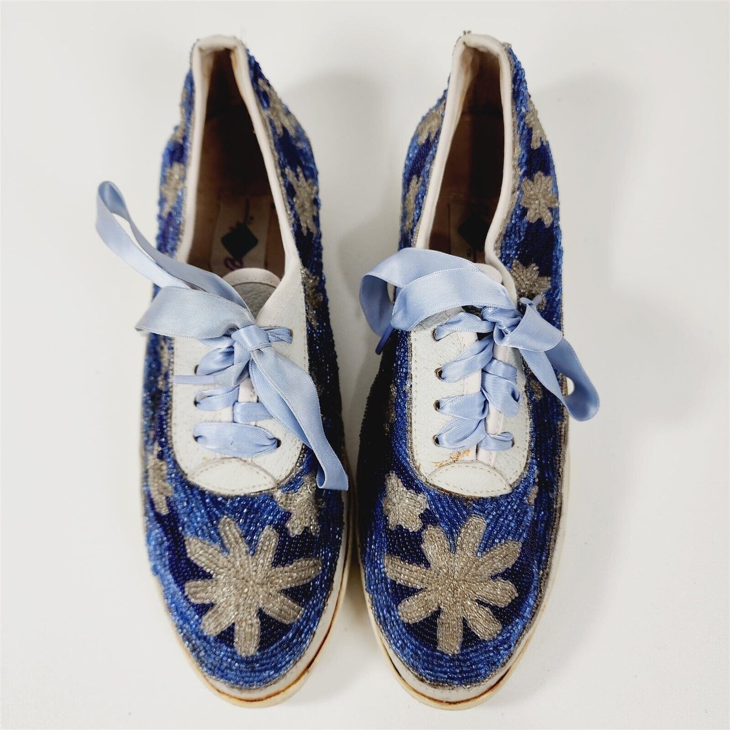 Vintage 1980s Beadz Beaded Blue Flower Snowflake Tennis Shoes Sneakers Size 8