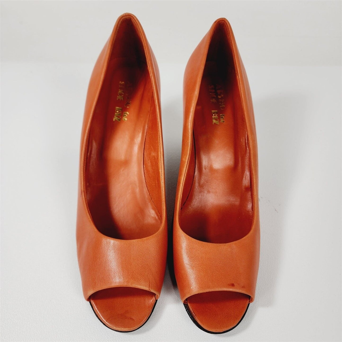 Vintage Arsho for Shoe Biz Orange Leather Peep Toe Wedge Heels Shoes Size 6