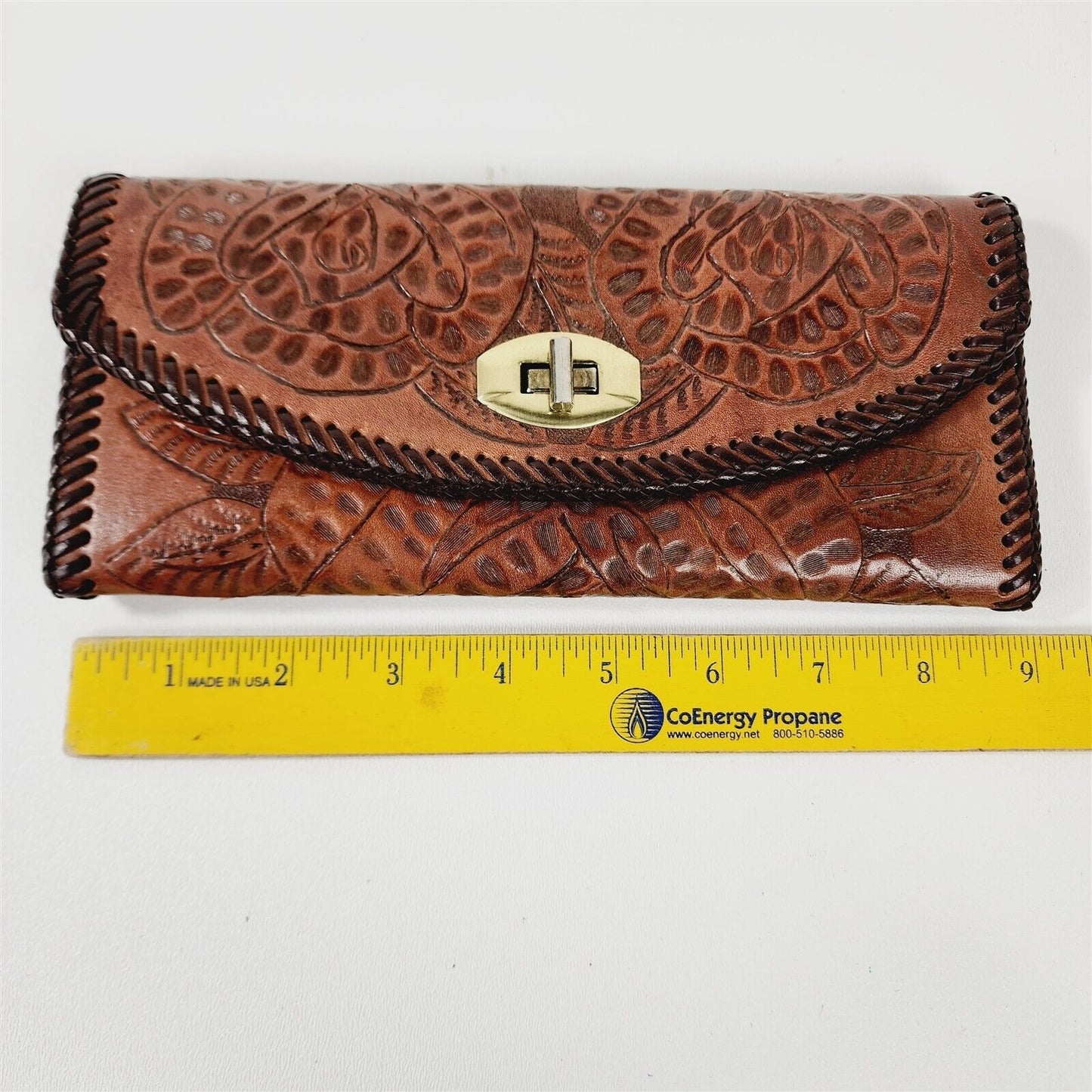 Vintage Tooled Leather Floral Laced Edge Tri-Fold Wallet - Initials M. B.