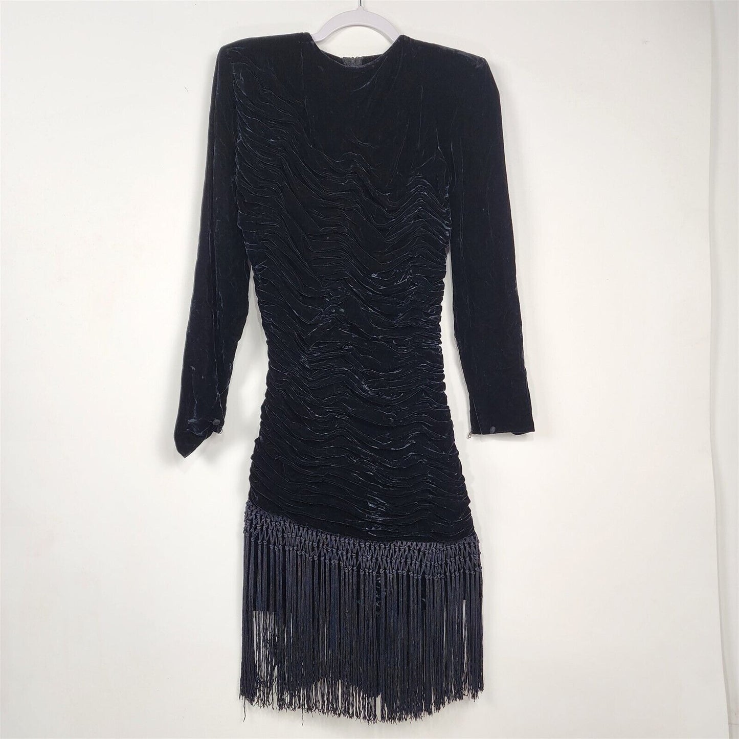 Vintage Black Velvet Rouched Bodycon Long Sleeve Dress with Fringe