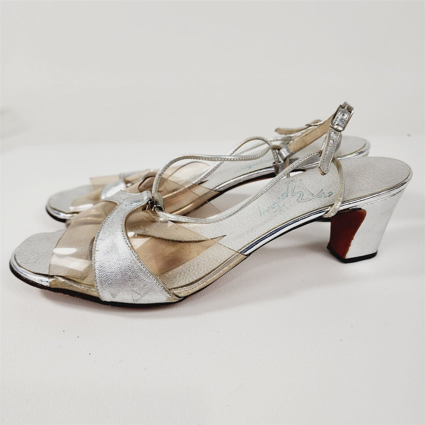 Vintage Amano Silver Metallic Clear Strappy Block Heels Pumps Size 7.5